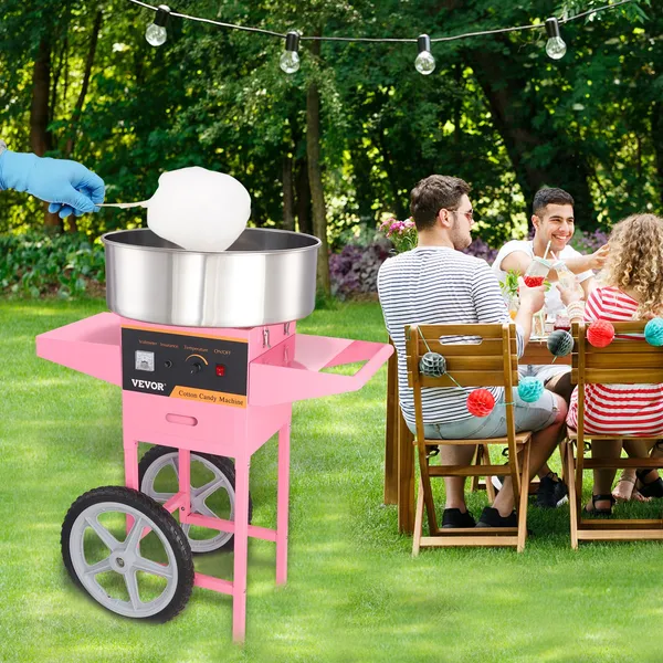 Commercial 1000W Electric Cotton Candy Machine with Cart Stainless Steel Bowl Sugar Scoop Drawer for Home Kids Birthday Family Party Pink