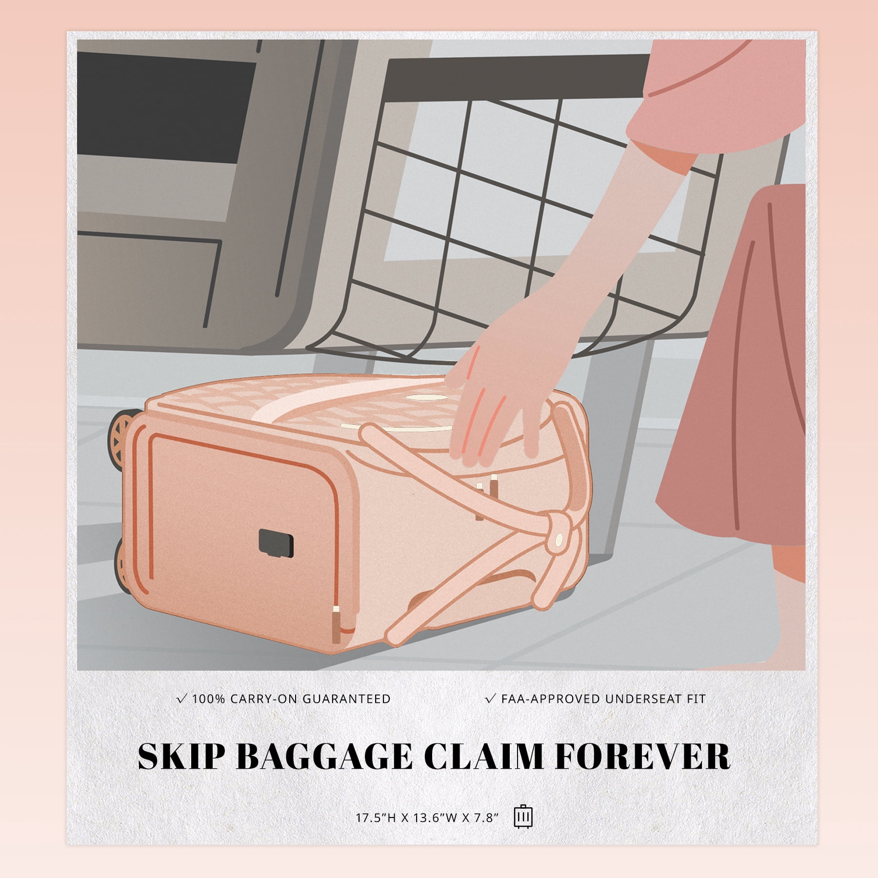 Verage 18x14x8in Spinner Underseat Carry-On Luggage -Airplane Personal Item Bag, USB A&C Charging Port, Padded Laptop Pocket & Wet/Dry Compartments for Women, Blush Pink