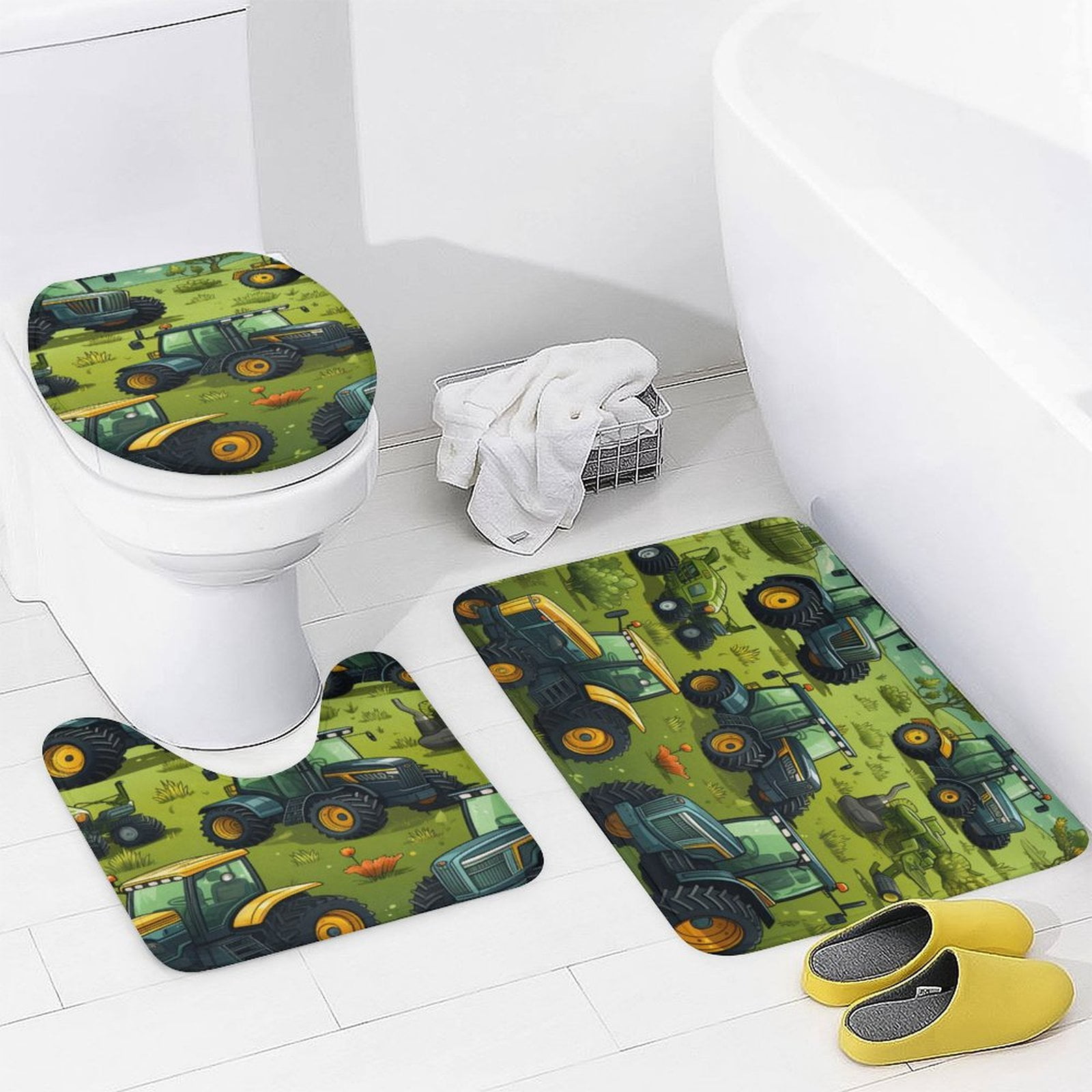Shower Curtain 4 Piece Set Green Tractors Pattern Non-Slip Rugs And Toilet Mat Lid Rug Accessories Equipment Trucks Bathroom Decor Set with Accessories for Bathtub Decor 72inch X 72inch