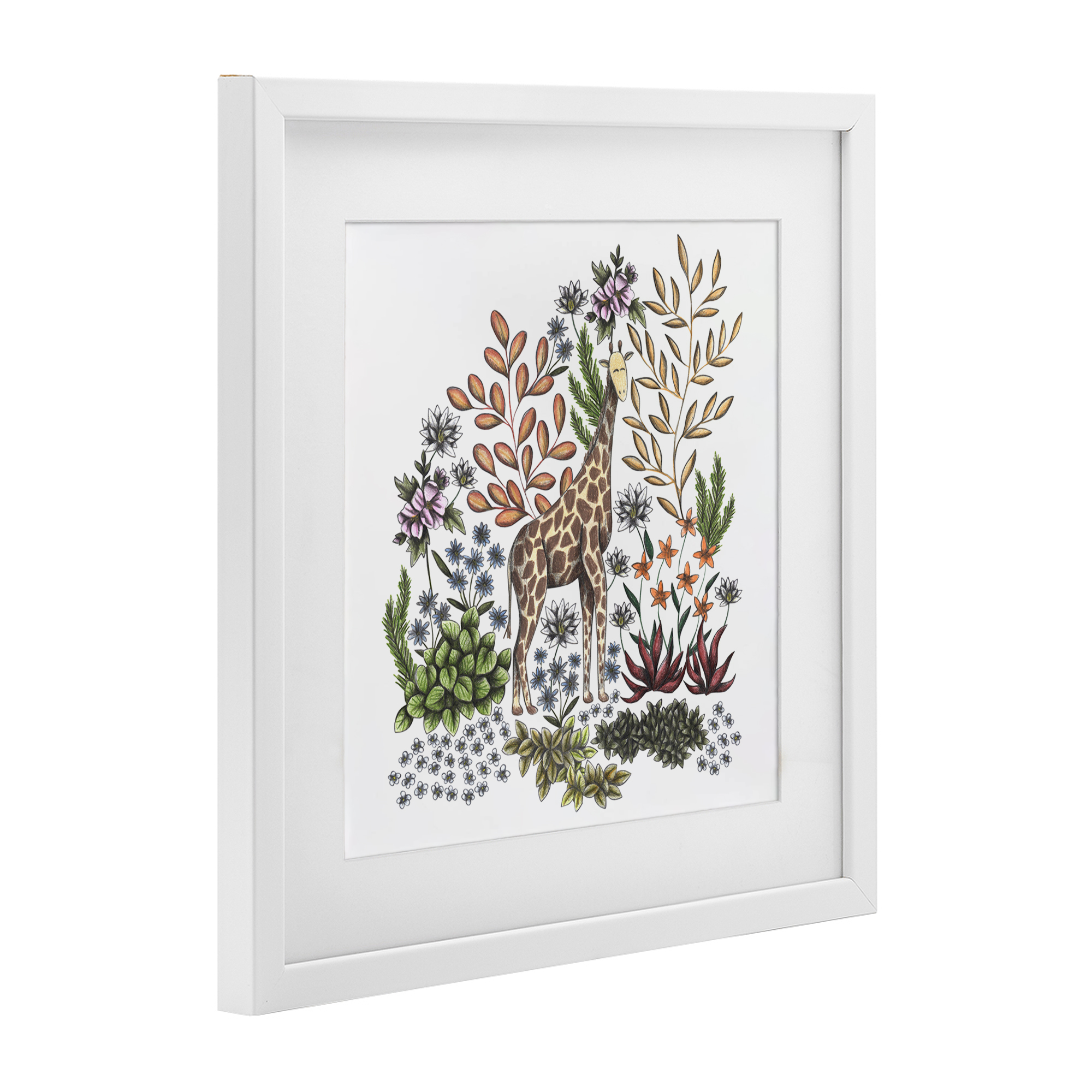 Jungle Wildlife Giraffe White Framed Print Under Glass, design by Cecilia Battaini