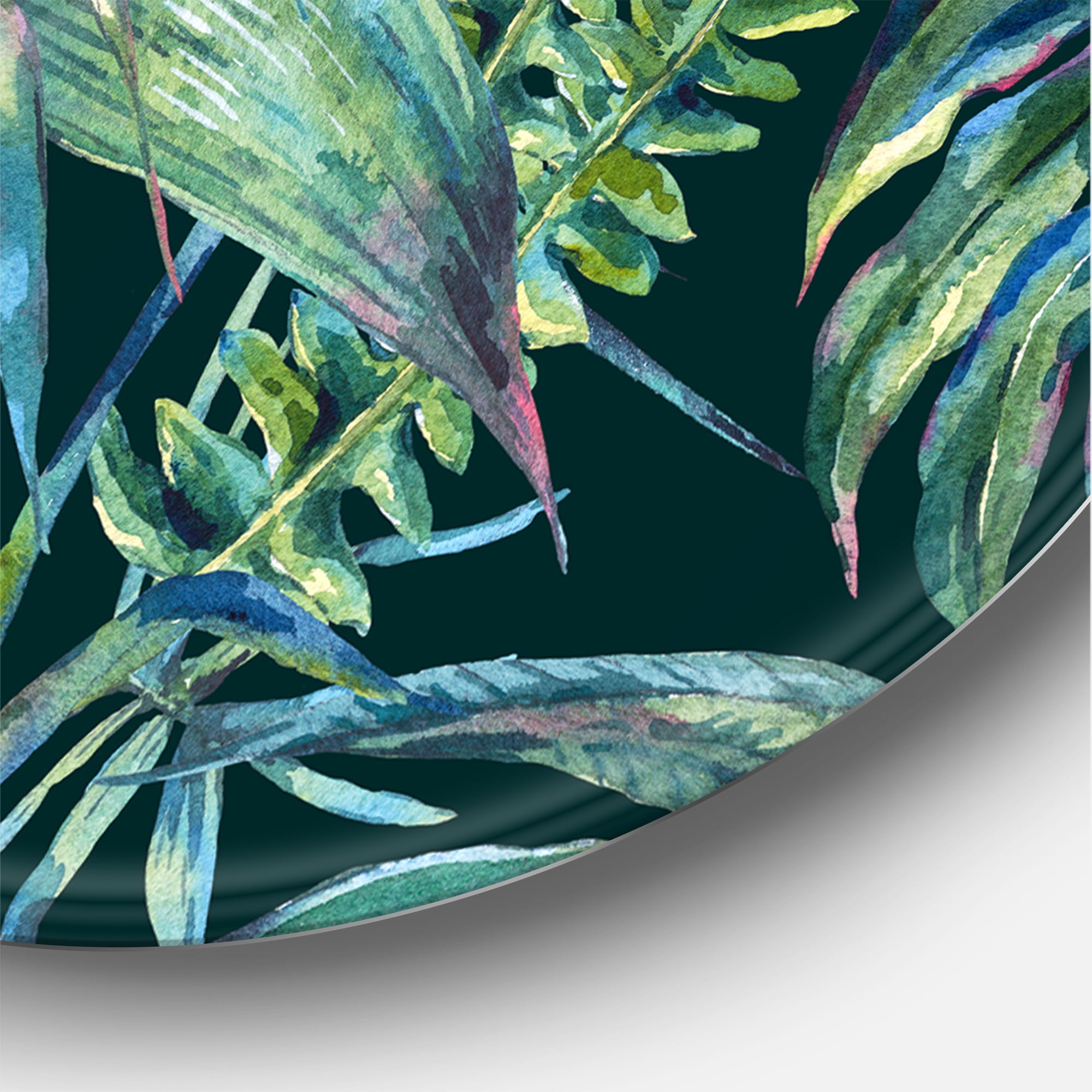 Designart 'Natural Green Leaves Exotic On Dark I' Tropical Circle Metal Wall Art 29x29 - Disc of 29