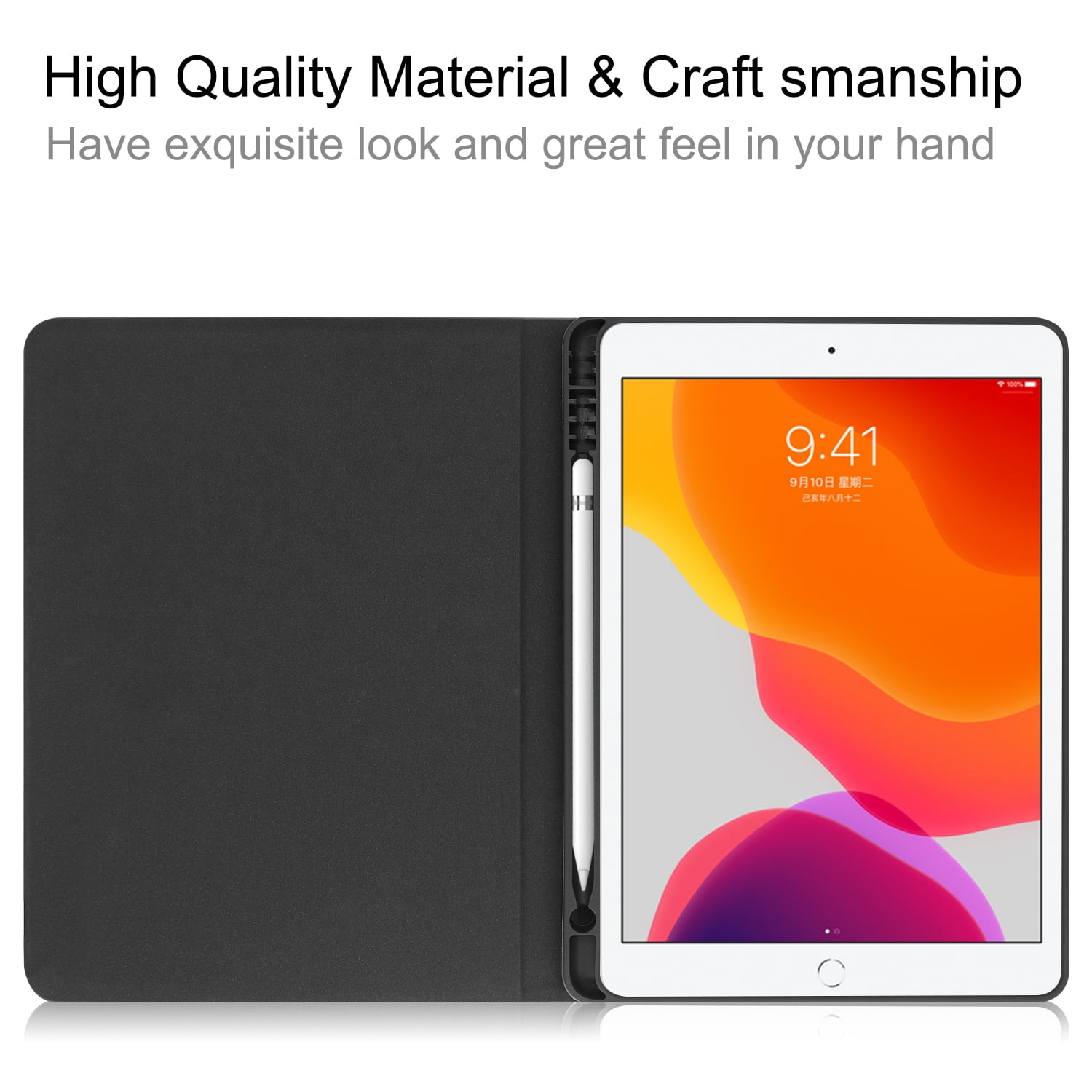 iPad 10.2" 7th Generation Case with Pencil Holder, Allytech Slim Fit PU Leather Folio Flip Stand Smart Cover Auto Sleep Wake Full Protection Shockproof Cases Covers for Apple iPad 7th Gen,Black