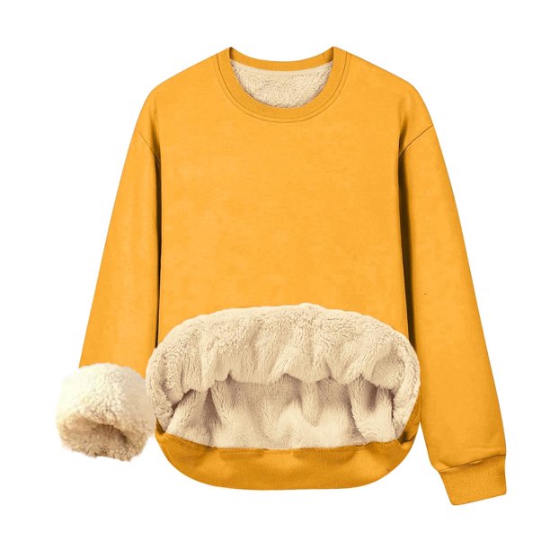 Qucoqpe - Camiseta de manga larga con cuello redondo para mujer, sudadera cálida de invierno con forro polar, blusa informal de color liso, blusas, tops amarillos 4XL