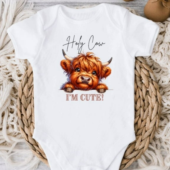 Bella Canvas with Holy Cow I'M Cute, Newborn Baby Gender Neutral Shower Gift, Farm Baby Highland Heifer, New To The Farm, Loves Cows Cute Baby Boy or Girl Bodysuit Gift