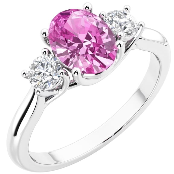 PEORA 14K White Gold Oval Created Pink Sapphire and Lab Grown Diamond 3 Stone Trellis Ring, 2.10 Carats total, Size 8