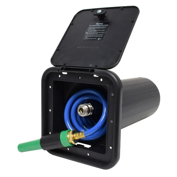 Phoenix Exterior Spray Port PF147008 Spray-Away; Self-Storing Unit With Quick Connect Valve; 7-1/2 Inch Square x 18 Inch Depth; 5-1/2 Inch Square Hole Installation; Black; Plastic