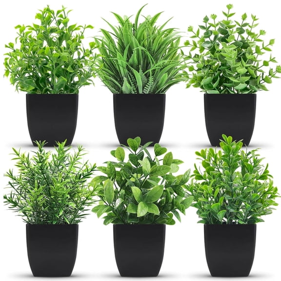 Miracliy Set of 6 Artificial Green Plants with Black Plastic Pots, Faux Potted Shrubs for Desk Office Indoor Home Decor