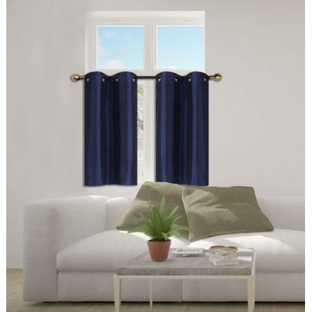 Small Grommet Curtains N25 Navy Blue 1-Set Solid Faux Silk Grommet Top Small Window Curtain, 2 Semi Sheer Tier Panels 30