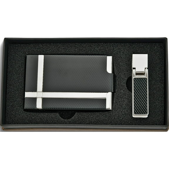 Fashion Blk/Silver-Tone Carbon Fiber Card Case/Money Clip Set (6.75 X 6) Made In China gm5140