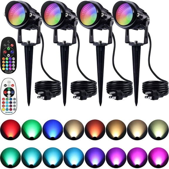 SUNVIE RGB Outdoor LED Spotlight 12W Color Changing Landscape Lights 120V Waterproof with Remote Control for Yard Garden Patio, 4 Pack