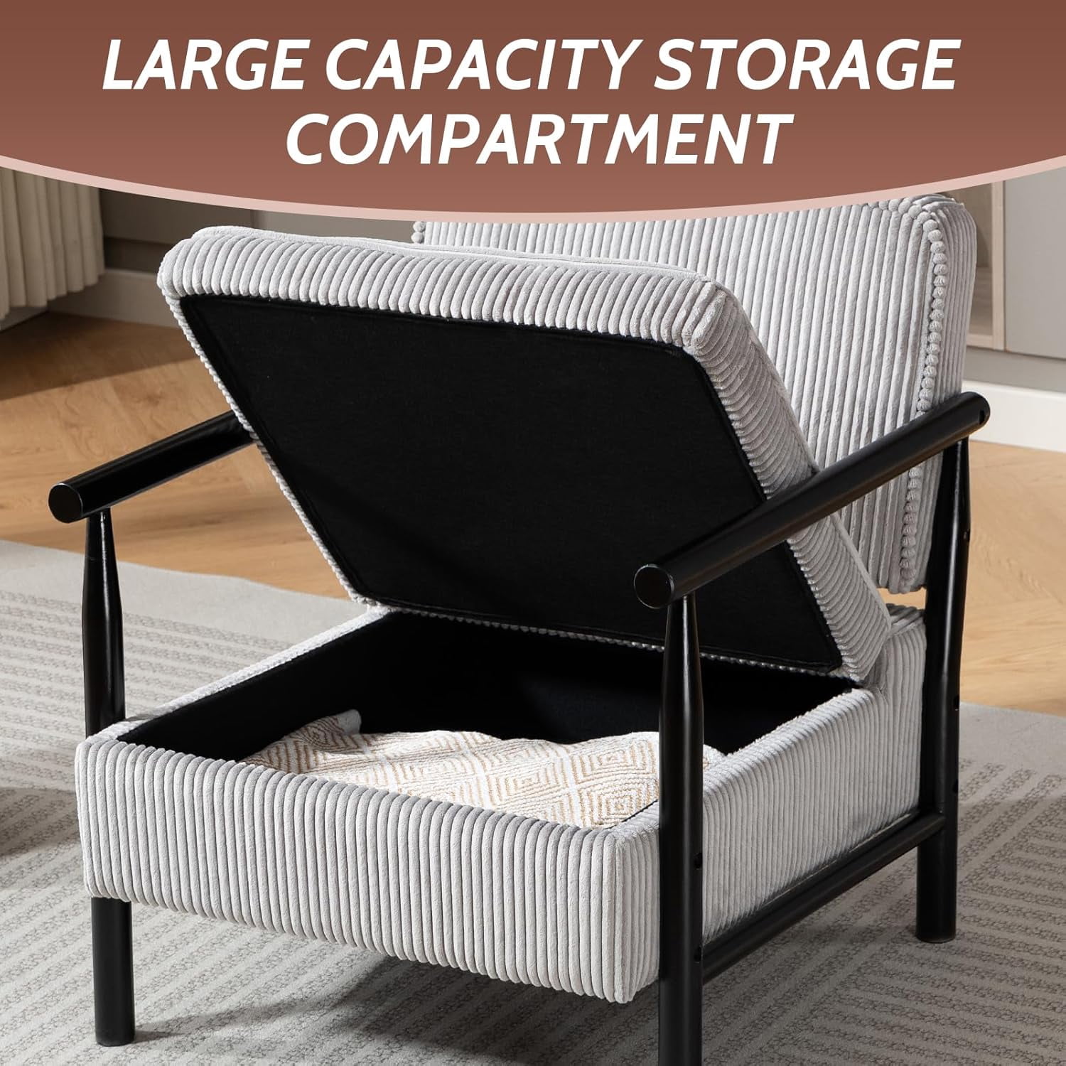 MOONMISS Accent Chair with Hidden Storage, Armchair with Solid Wood Frame, Corduroy Fabric Accent Chair for Living Room,Gray
