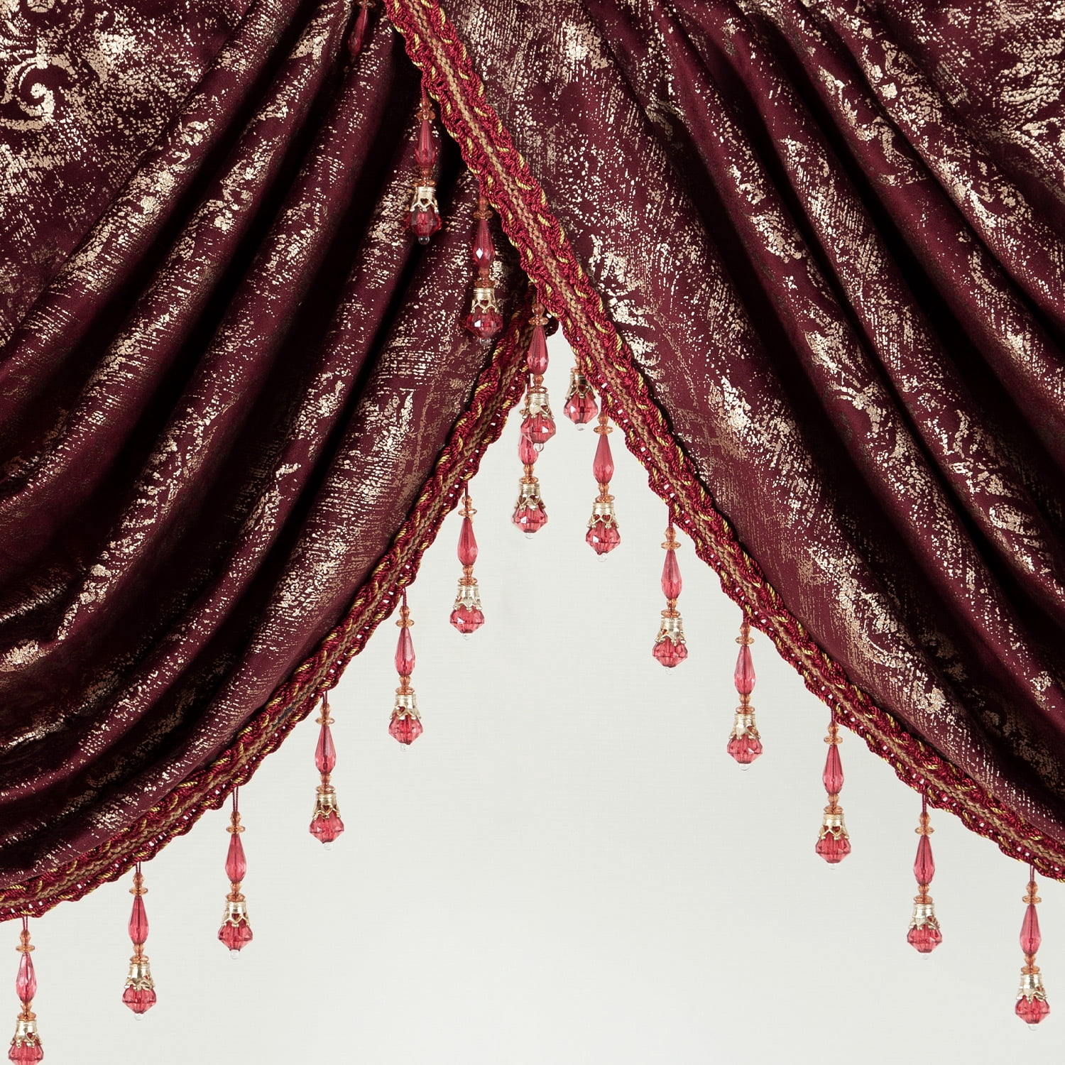 VOGOL Modern Waterfall Valance for Bedroom, Red Textured Stripe Print Velvet Curtain with Beaded Tassels, Rod Pocket Design, 43x39 Inches, 1 Piece