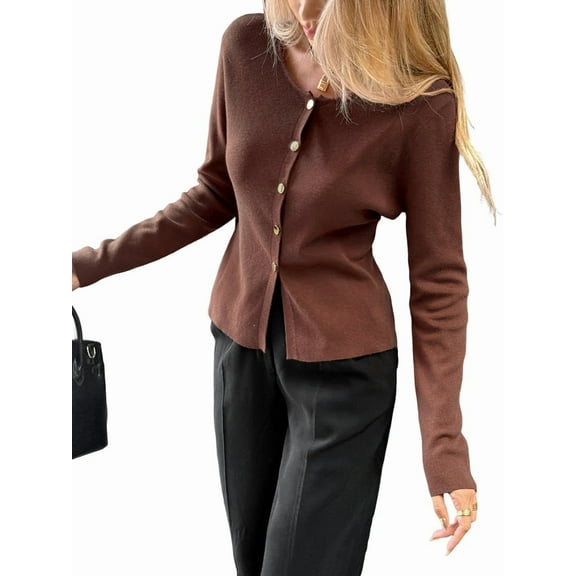 Women'S Vacation Button Cardigan Long Sleeve Knit Top Business Casual Round Neck Slim Fit Jacket Shirt Brown S