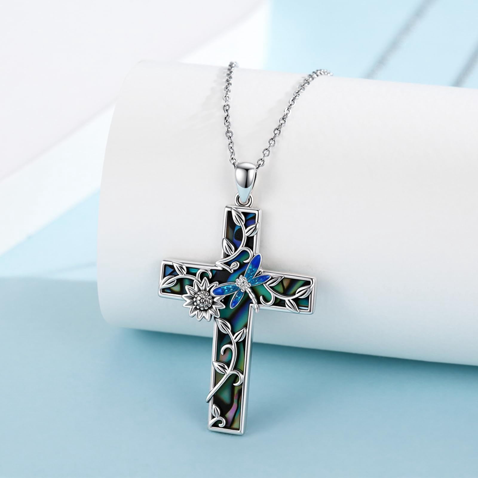 Coachuhhar Sunflower Cross Necklace 925 Sterling Silver Dragonfly Pendant Necklace Abalone Jewelry Gifts for Women Mom Birthday