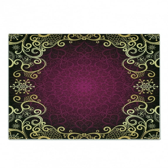 Mandala Cutting Board, Vintage Frame with Curls Snowflake Motifs Abstract Retro, Decorative Tempered Glass Cutting and Serving Board, Small Size, Pale Yellow Fuchsia, by Ambesonne