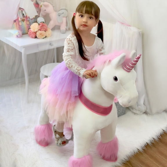 PonyCycle Ride on Unicorn Horse Toy Riding Horse Pony Walking Plush Animal Toys Pink for Boys and Girls Age 3-4 Years Old Ux302