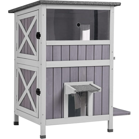 MEDEHOO 2-Story Outdoor/Indoor Cat House - Solid Wood Kitty Condo with Escape Door, Removable Floors, Weatherproof Asphalt Roof & Sun Balcony