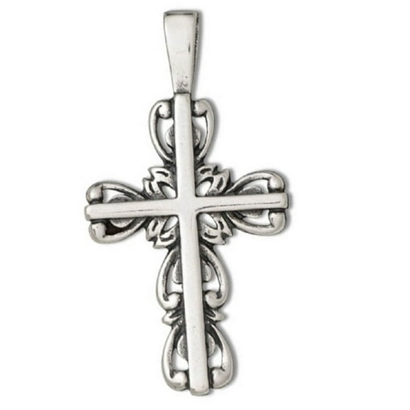 Sterling Silver 16" .8mm Box Chain Christian Scrolled Vines Cross Pendant Necklace