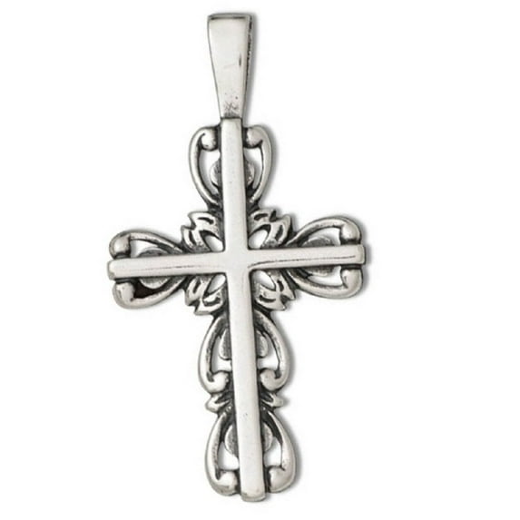 Sterling Silver 30" .8mm Box Chain Christian Scrolled Vines Cross Pendant Necklace