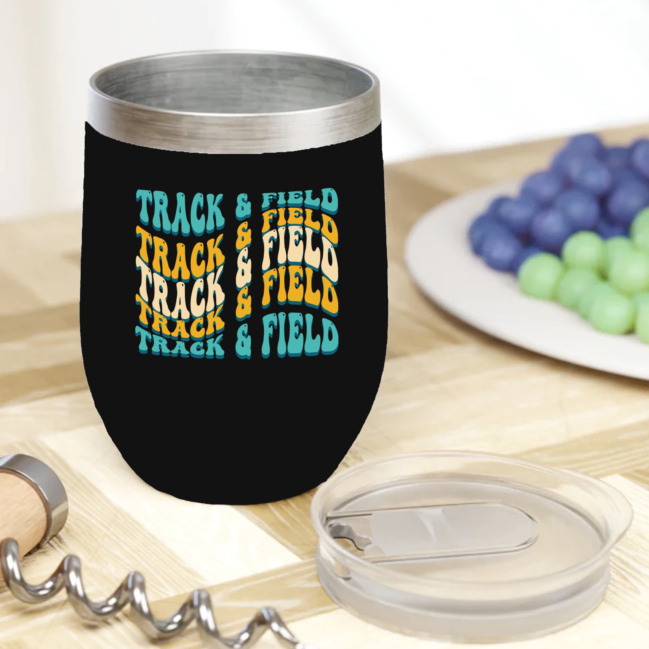Track & Field, Athlete or Sports Themed, Groovy Retro Wavy Text Merch Gift, Black 12oz Wine Tumbler