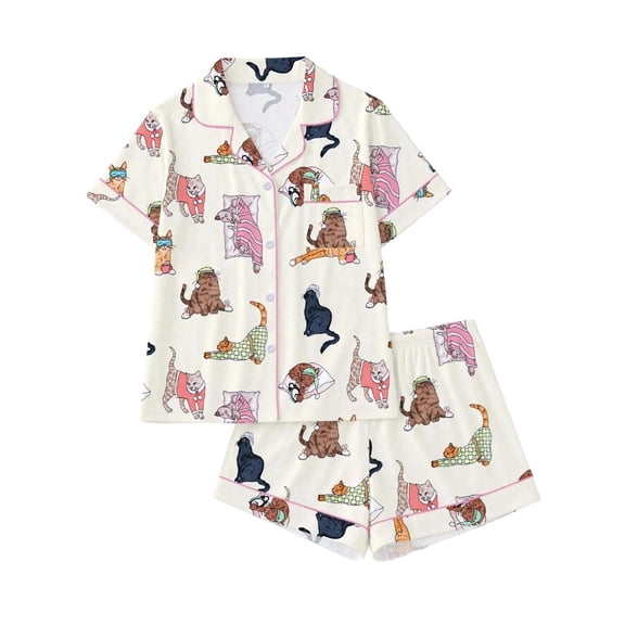 Likimi Toddler Girls Pajamas Set Short Sleeve Cat Print Lapel Button Down Pjs Tops With Shorts Comfort Homewear Set Size 3-4 Years