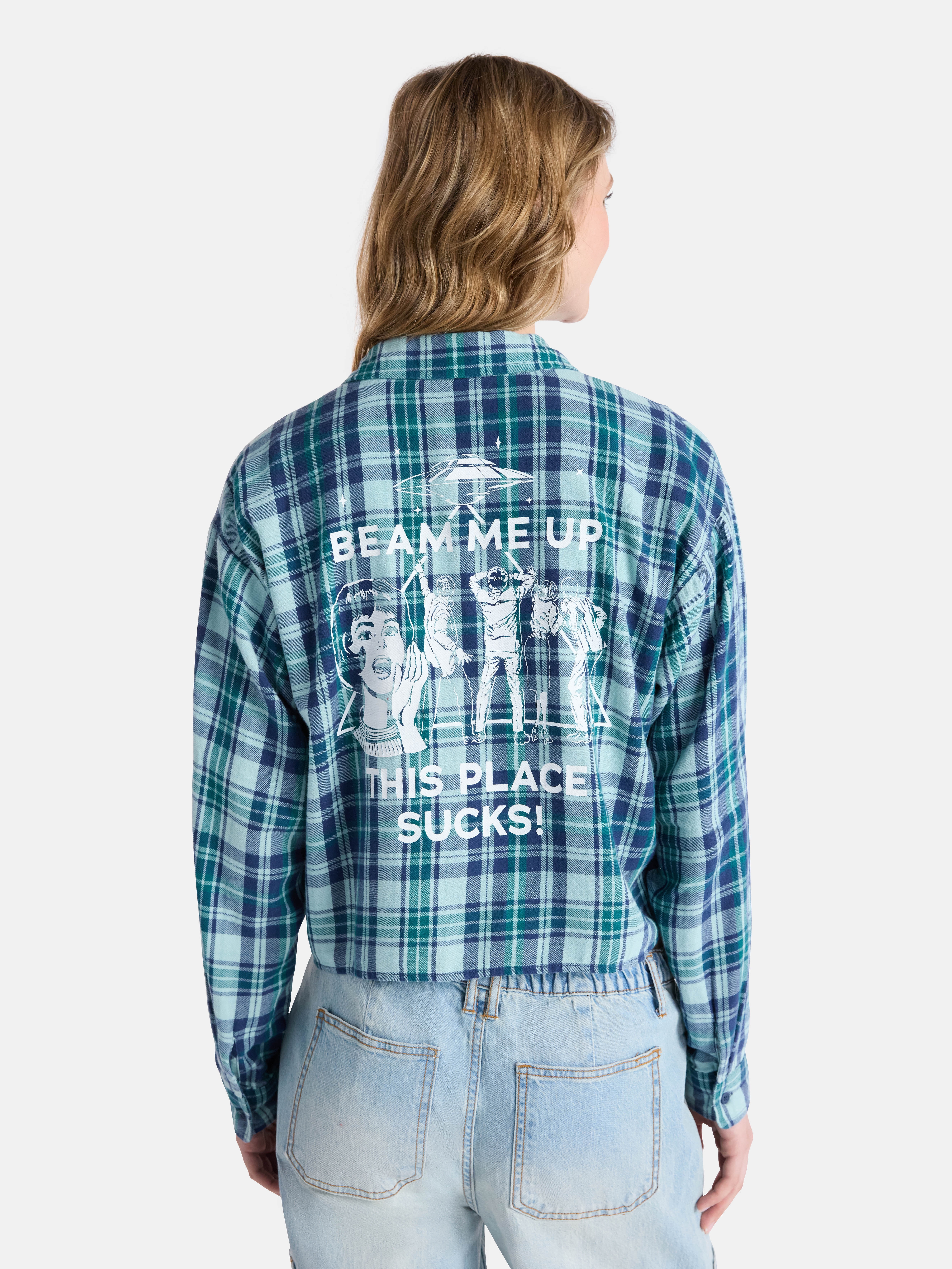 Netflix Stranger Things Cotton Cropped Flannel from No Boundaries, Women’s & Women’s Plus