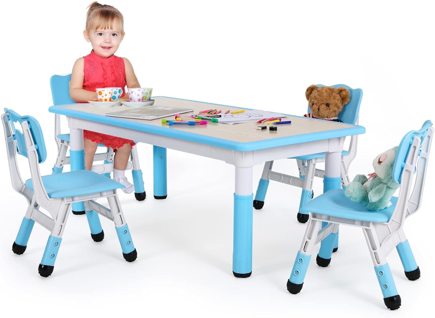 Arlopu Kids Table and 4 Chairs Set, Height Adjustable Toddler Multi Activity Desk Children Study / Dining Table, for Ages 2 - 10