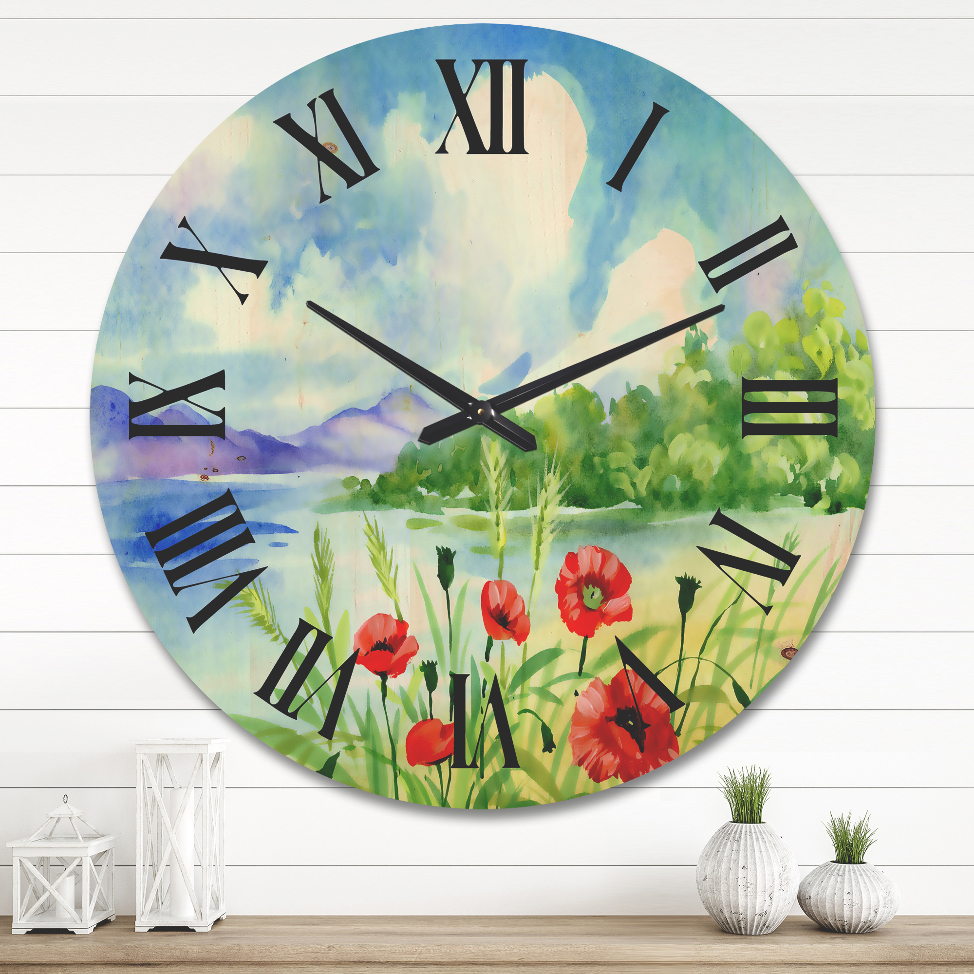 Designart 'Red Tulips On The Bank Near A River Mountain' Lake House Wood Wall Clock