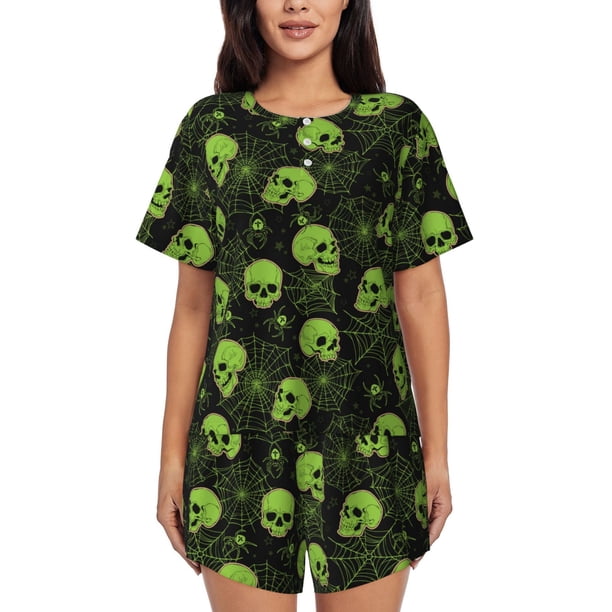 Balery Skulls And Cobwebs Conjunto de Pijama para Mujer con Estampado, Dos Piezas de Manga Corta y Shorts, Ropa de Dormir Suave con Cuello Redondo y Bolsillos-Large