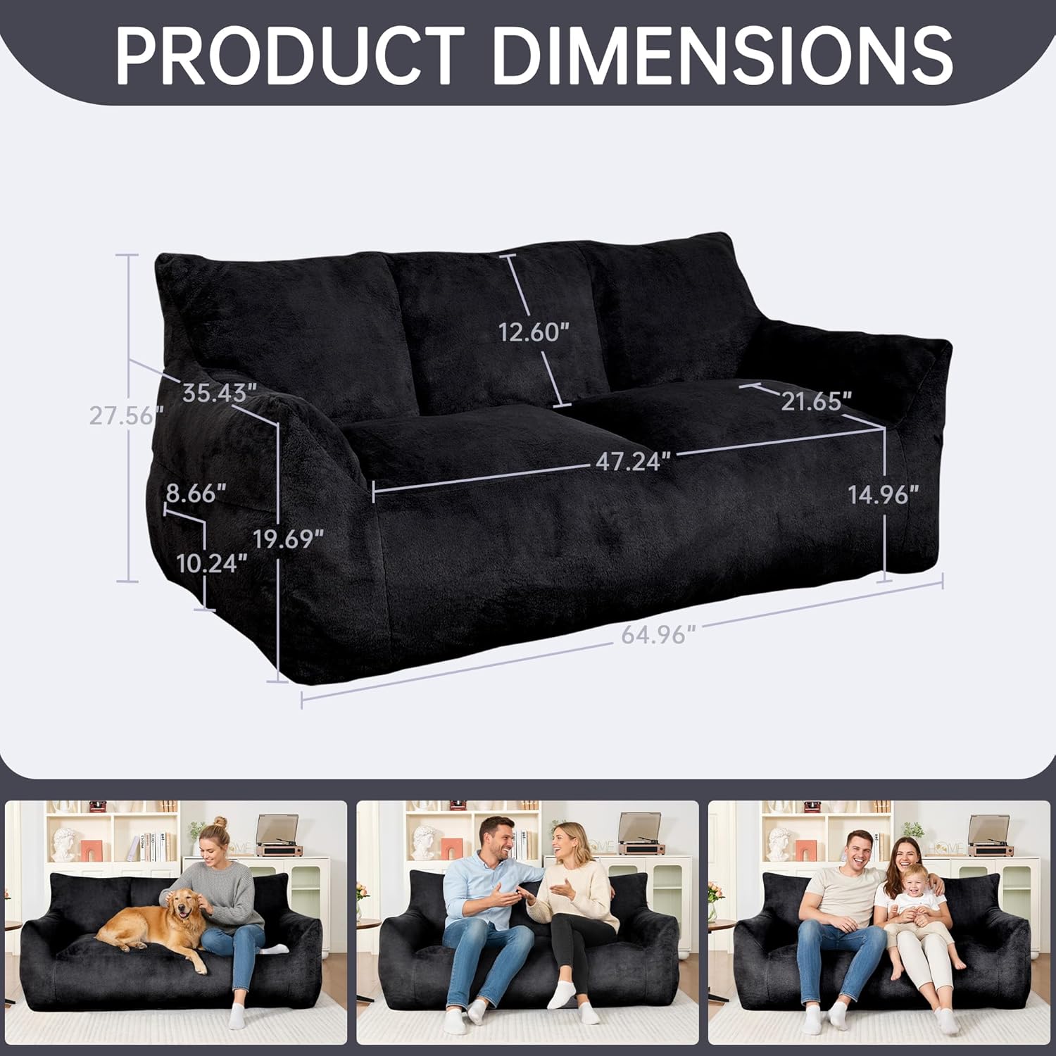 LinkRomat Faux Fur Loveseat, Oversized 2-Seater Sofa with High-Density Foam, for Living Room & Bedroom, No Assembly Required, Black