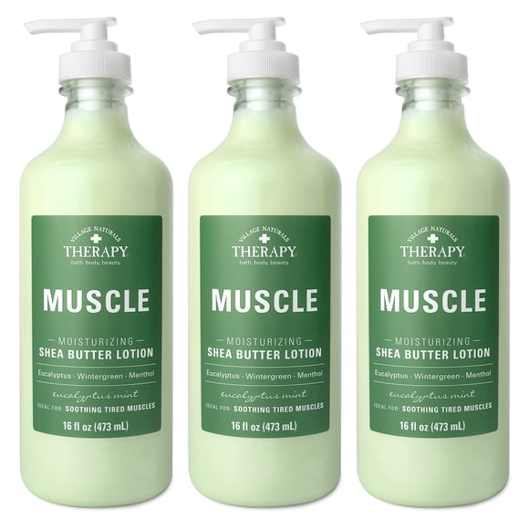 Village Naturals Therapy Loción de manteca de karité muscular, aroma de eucalipto y menta, 16 onzas líquidas, paquete de 3