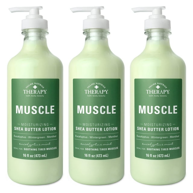 Village Naturals Therapy Loción de manteca de karité muscular, aroma de eucalipto y menta, 16 onzas líquidas, paquete de 3