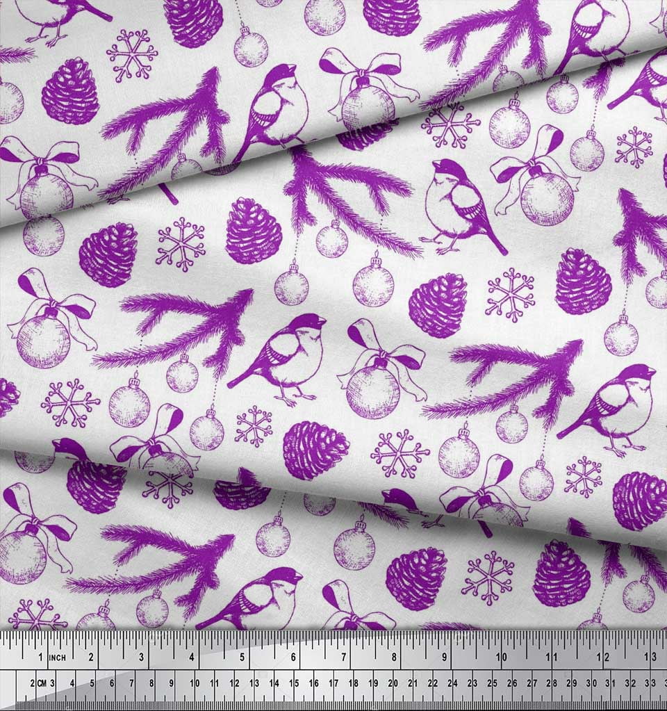 Soimoi Purple polyester Georgette Fabric Spruce Leaves, & Baubles Christmas Fabric Prints By Yard 42 Inch Wide