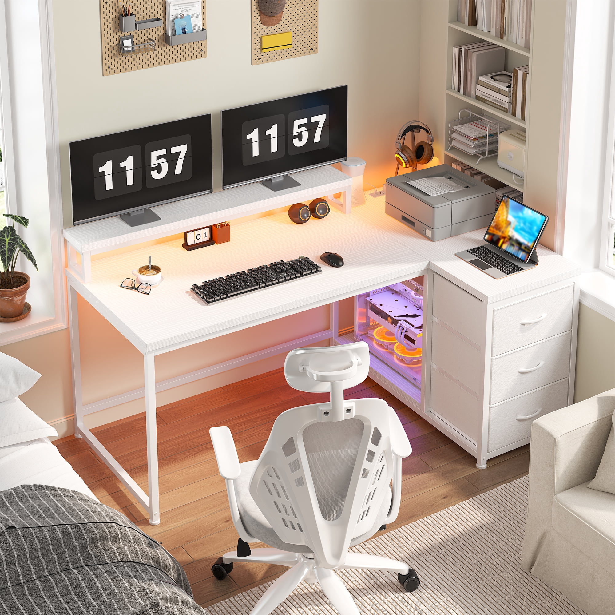 Romorgniz Computer Desk White Desk With Drawers l Shaped Desk with Monitor Stand Gaming Desk with LED Lights & Power Outlet for Gaming Room,Home Office,Bedroom,48"L x 32"W x 36"H