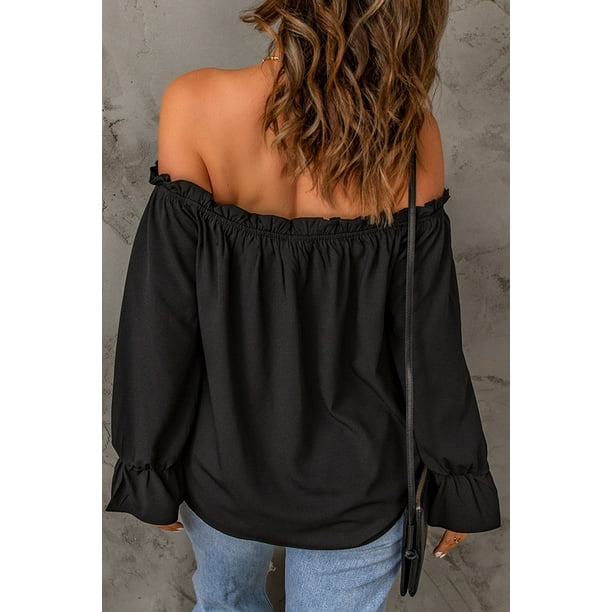 ABPHQTO Blusa holgada de mujer con escote pronunciado y volantes en negro
