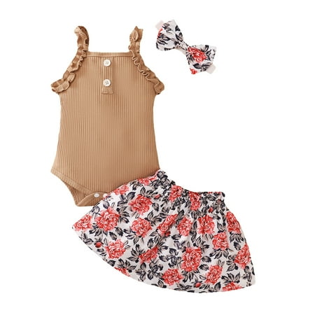 

Utoimkio Baby Girls Dresses Sleeveless Halter Casual Dresses for Girls Infant Baby Girls Suspender Romper Bodysuit+Floral Skirts Headbands Outfits