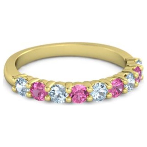 925 Silver Round 2.5MM Aquamarine Pink Tourmaline Eternity Yellow Plated Ring