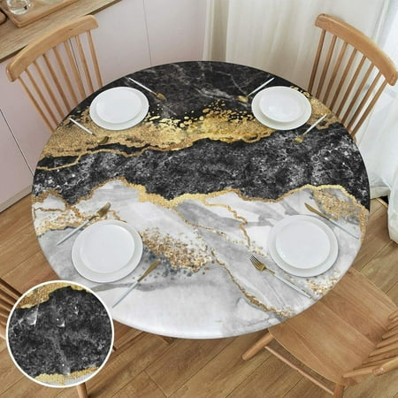 

SKQIT Black White Gold Marble Print Elastic Edged Fitted Round Tablecloth Indoor Outdoor Washable Reusable Table Cover for Kitchen Picnic Party