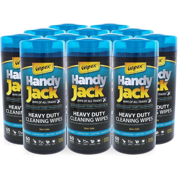 Wipex Handy Jack Heavy Duty Cleaning Wipes, Dual Texture, Degreaser for Grease, Paint & Tools, 60ct, 12-Pack