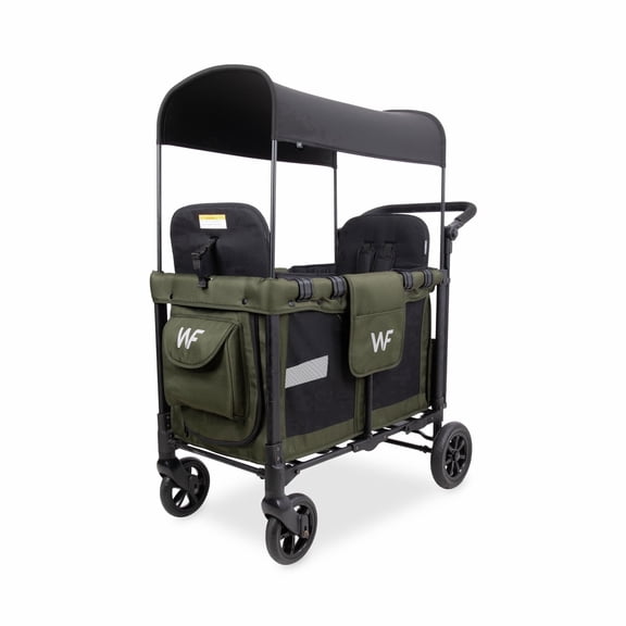 WONDERFOLD W2 Original Stroller Wagon (2 Seater) - Wagon Stroller with Seats with 5-Point Harnesses, Easy-Access Door, and Adjustable Sun Canopy, Safety-Certified - Olive Green
