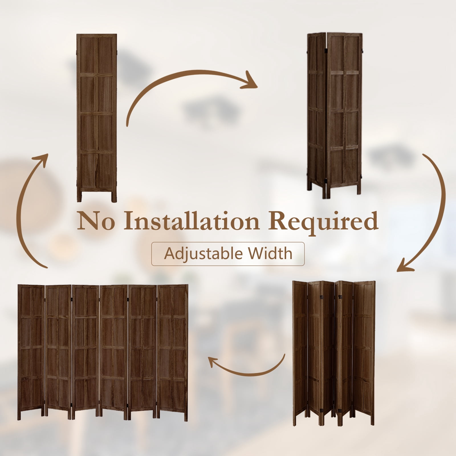 Aletheiawu 6 Panel Room Divider Wall and Folding Privacy screen, No Installation Require, Dark Brown