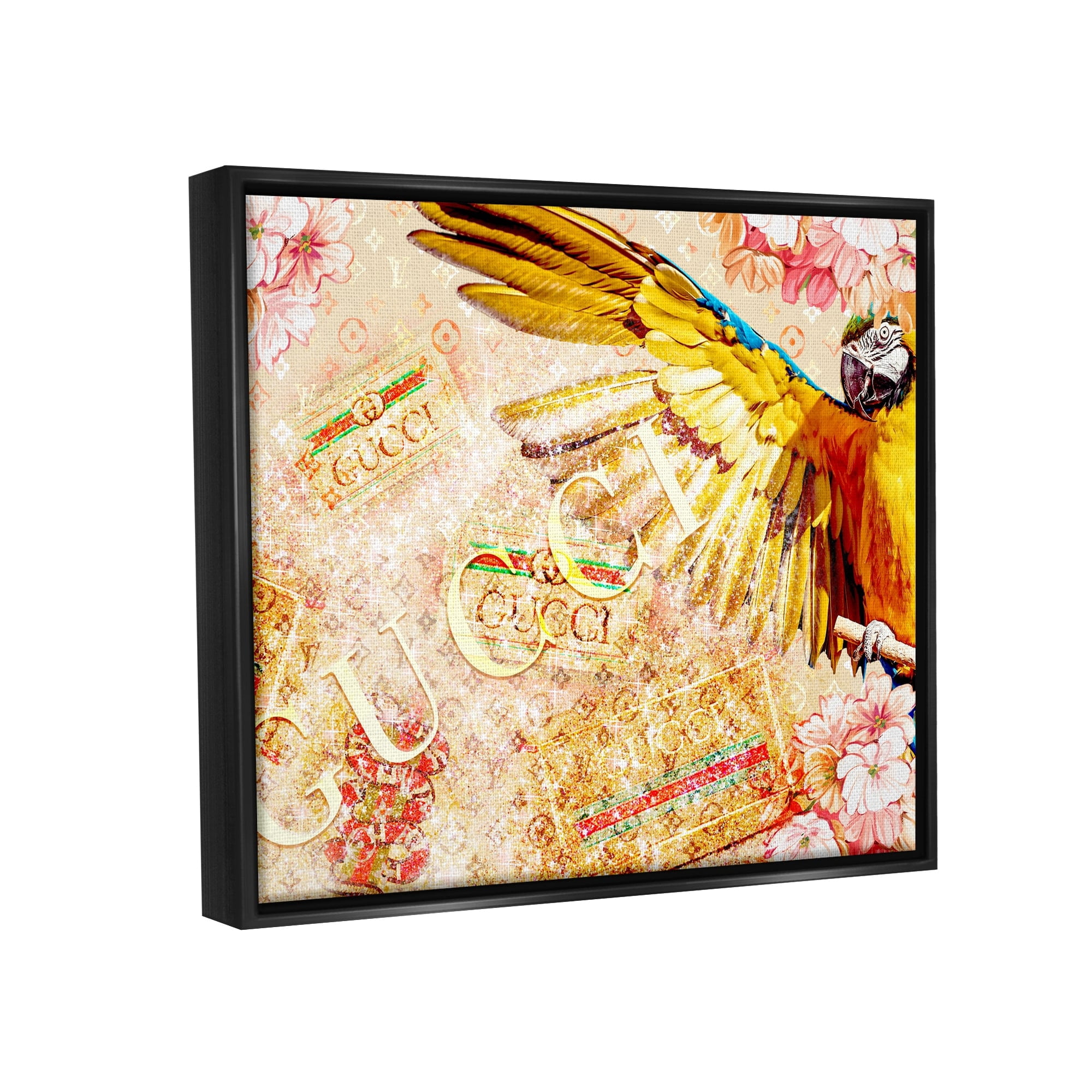Stupell Industries Dazzling Glam Parrot Floral Pattern Upscale Bling Graphic Art Jet Black Floating Framed Canvas Print Wall Art, Design by Ziwei Li