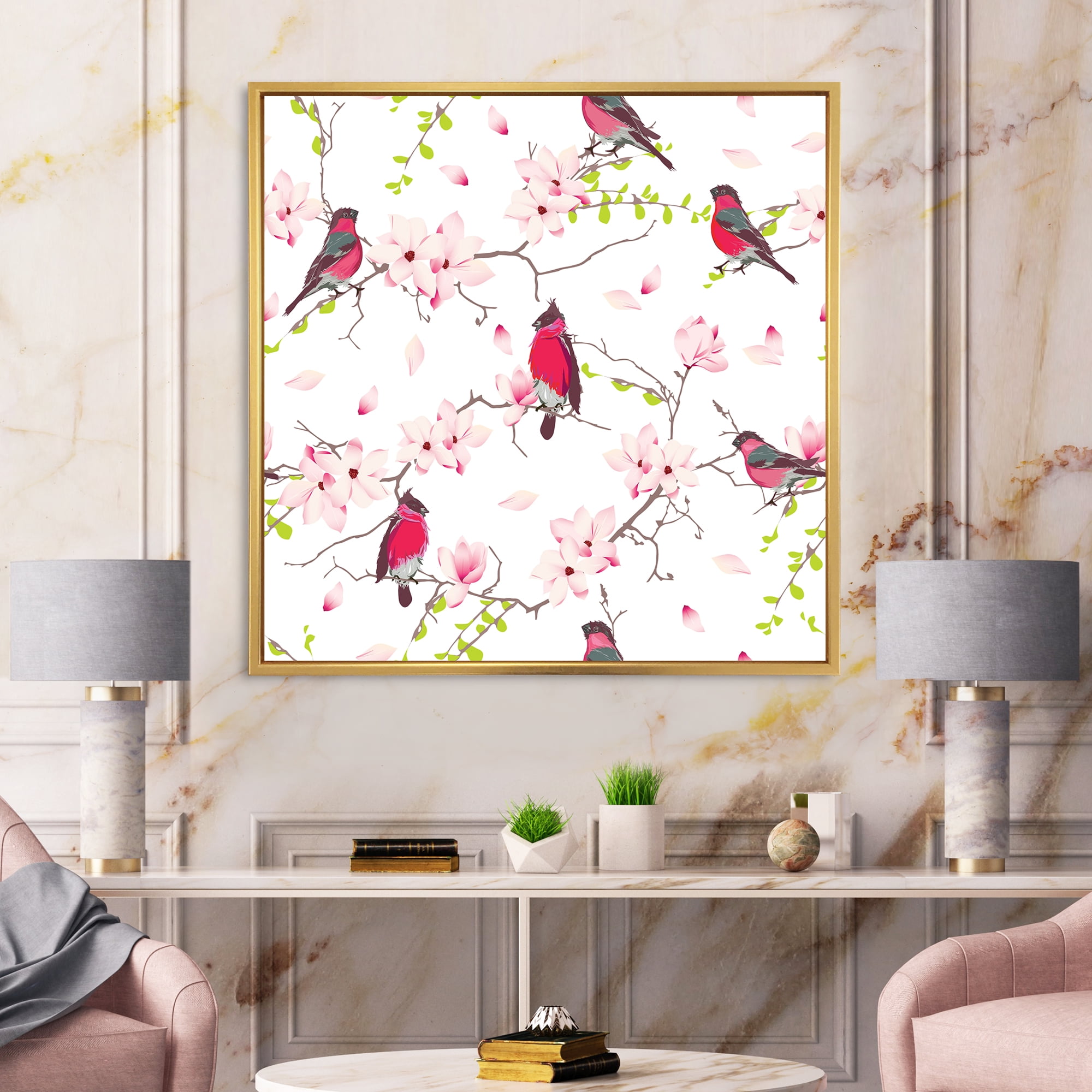 Designart 'Red Bullfinches Sitting On Magnolia Tree' Traditional Framed Canvas Wall Art Print