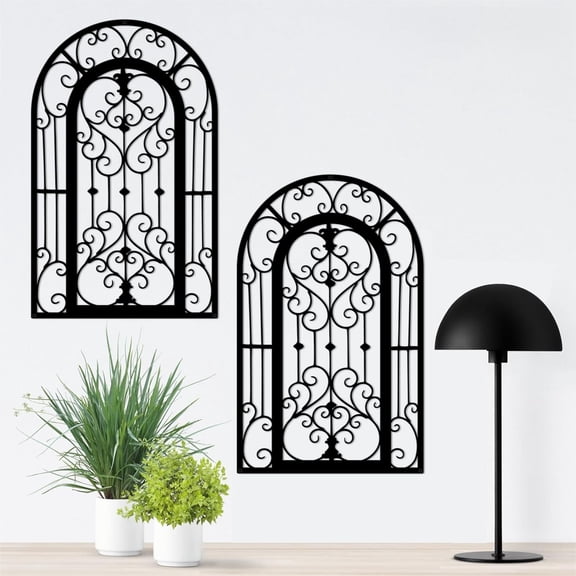 ESTART 2 Pcs Rustic Farmhouse Metal Scroll Wall Decor, Window Arch Wrought Iron Carved Wall Panels with Medallion Scroll Design for Bedroom, Bathroom and Living Room