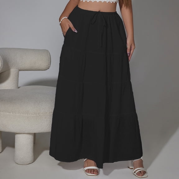 SELONE Maxi Skirts for Women High Waisted Layered Skirts with Pockets Boho A Line Skirts Line Drawstring Summer Clothes