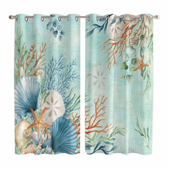 Teal Beach Coastal Kitchen Curtains Window Panels, Summer Nautical Coral Shell Botanical Insulated Window Treatment Curtain, Grommet Curtains for Bedroom/Living Room/Bathroom, 2 Piece 52"Wx84"L
