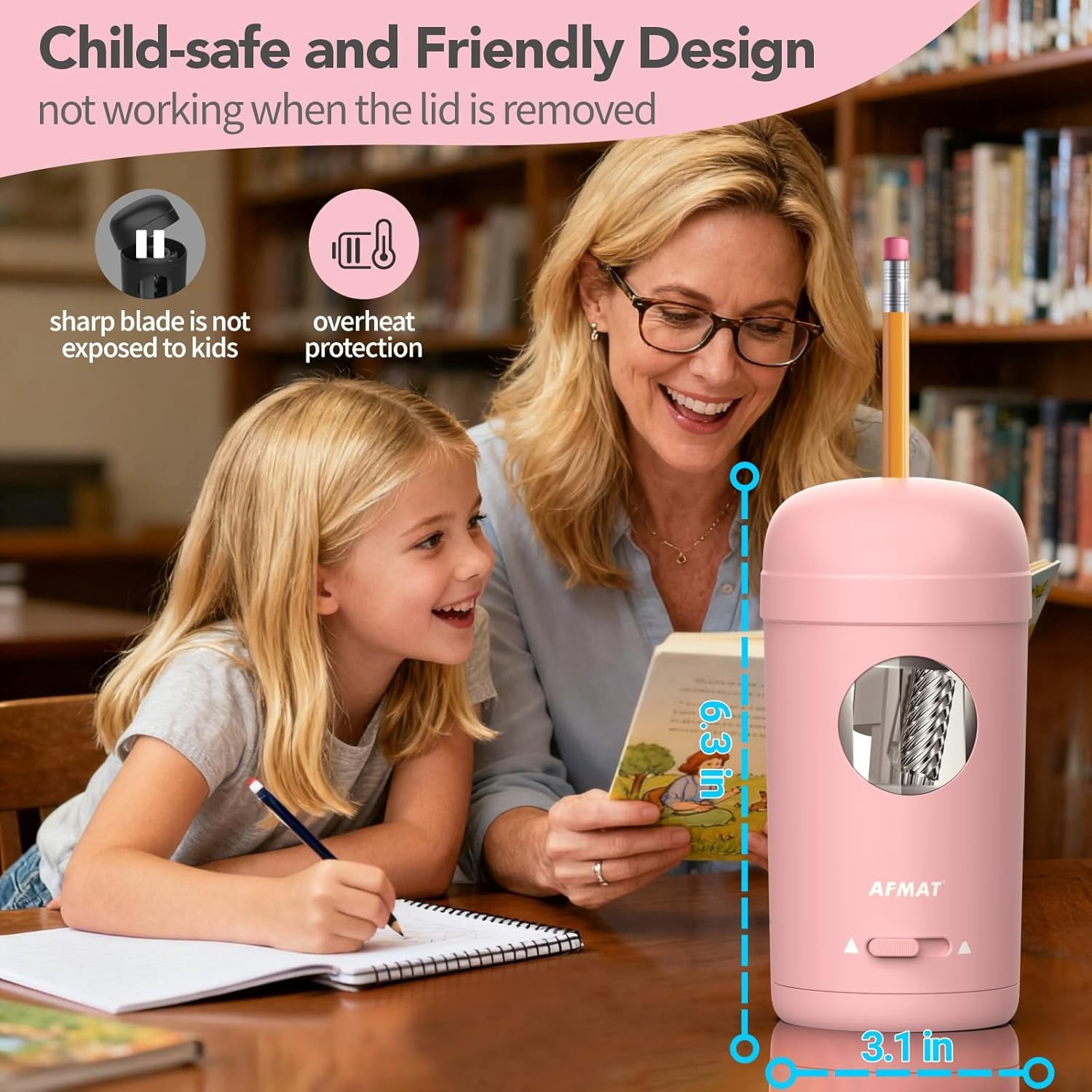 AFMAT Electric Pencil Sharpener, Fully Automatic Pencil Sharpener for 7-8mm Pencils & Colored Pencil, Auto in & Out, Rechargeable Vertical Hands-Free Sharpeners for Classroom/Home/Office,Pink