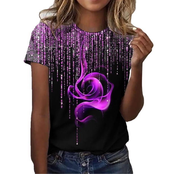 Gibobby Casual Playera de Manga Corta para Mujer Camiseta manga corta suelta con cuello redondo para mujer, informal, con estampado rosas(Morado,XL)