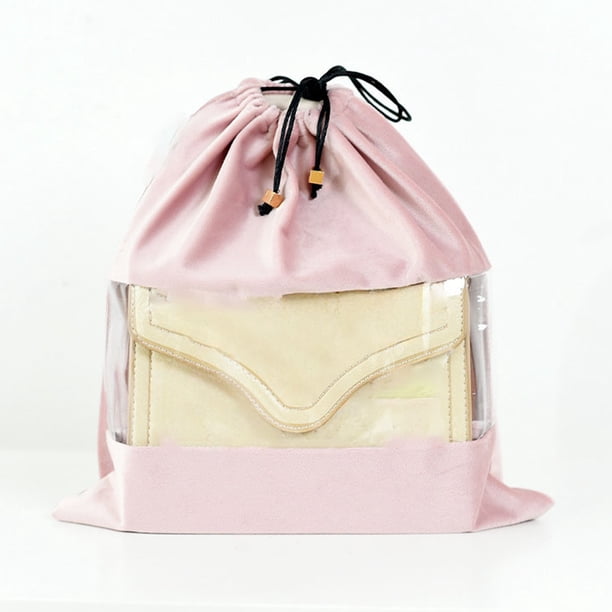 Organizador de bolsa de almacenamiento transparente con cordón | Franela de terciopelo y PVC | Gris, Azul, Rosa | 12.2x11.8in | Estuche portátil a prueba de polvo para viajes, zapatos, ropa