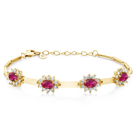 Gem Stone King 18K Yellow Gold Plated Silver Red Created Ruby and White Created Sapphire Bracelet for Women (3.60 Cttw, Gemstone July Birthstone, Oval 6X4MM, 7 inch 1 inch Extender)